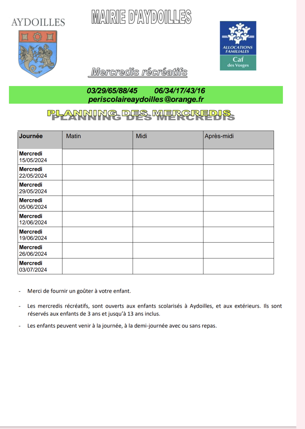 Programme des mercredis 