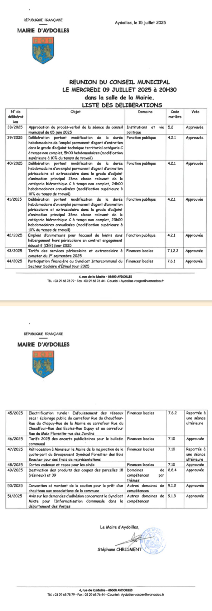Liste des d?lib?rations 