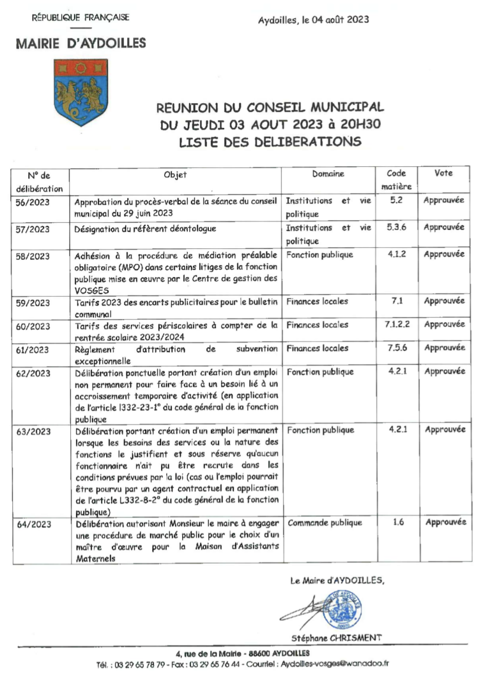 Liste des dlibrations 